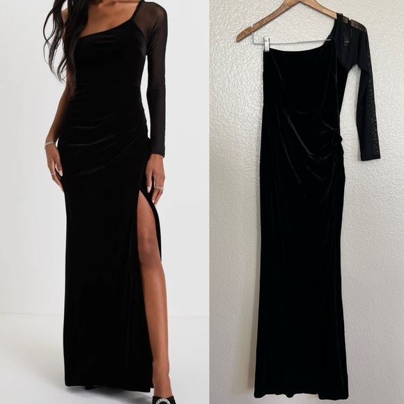 NWOT Lavish Style Black Velvet Mesh One-Shoulder Tulip Maxi Dress - Picture 1 of 8